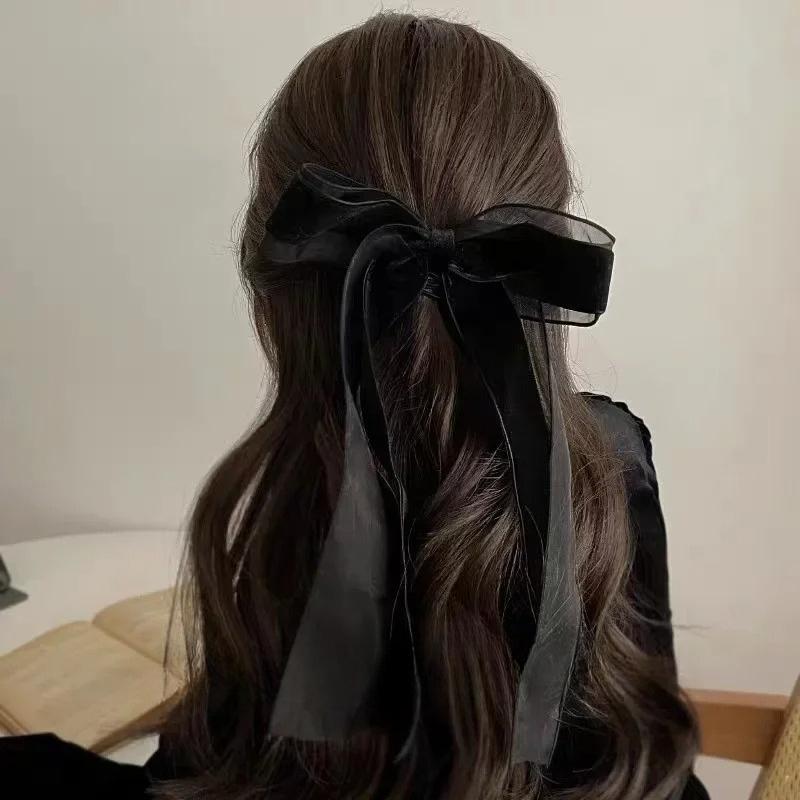 1PC Black Velvet Large Bow Knot Hairpin Spring Clip for Women Girls Satin Bow Hair Ties Duckbill Hair Clips Female Hair Accessories