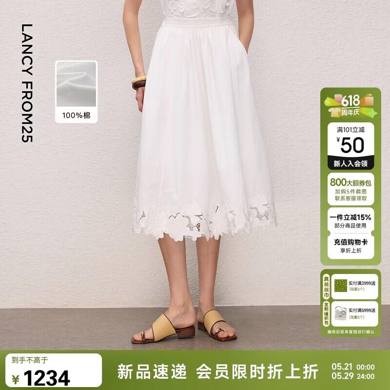 Langzi Cotton Embroidered High-Waist A-Line Midi Skirt M