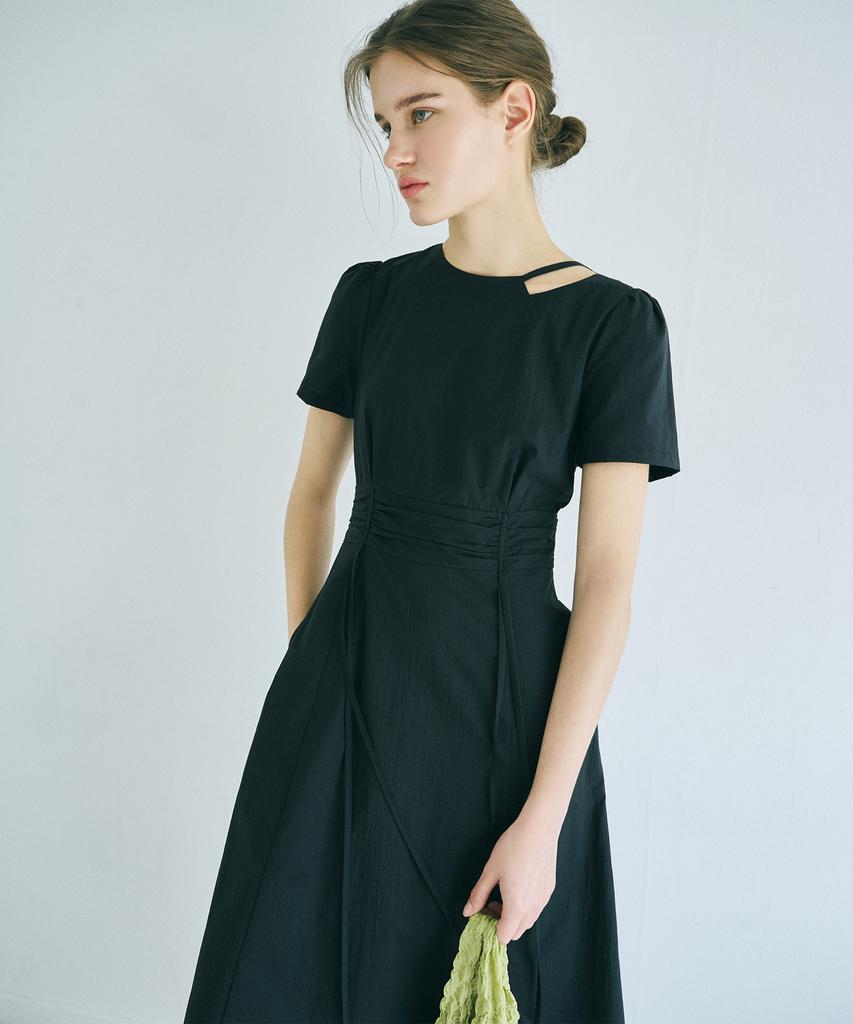 Etmont Neck Cut-Out Shirring Dress Black