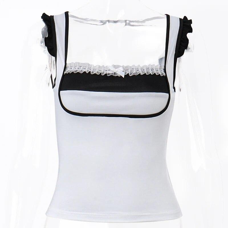 Y2K Lace Patchwork Skinny Tank Top Women Sexy Off Shoulder Sleeveless Crop Tops Female Sweet Bow Ruched Slim Elegant Camis
