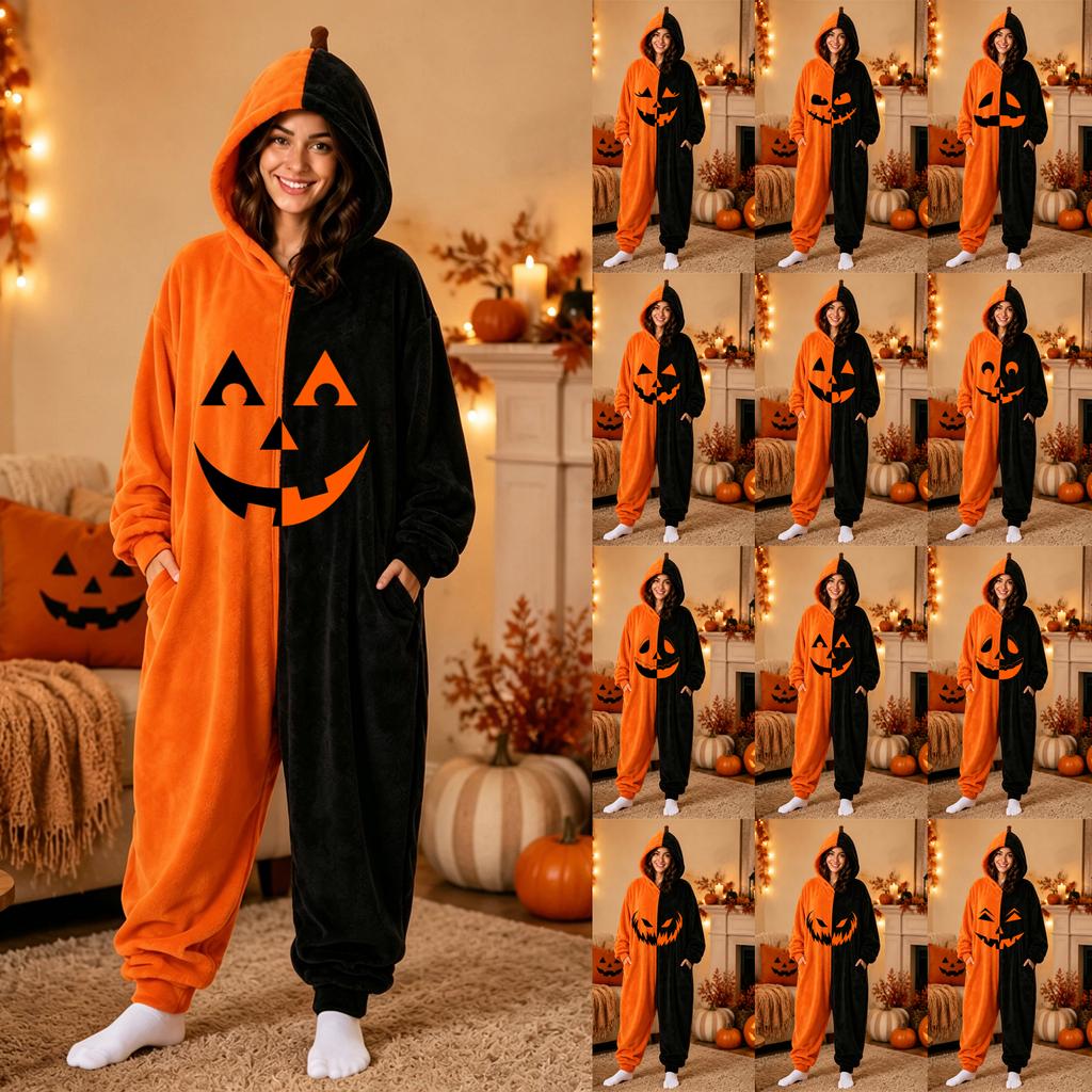Women's Flannel Jumpsuit with Halloween Print, Cozy Loungewear Pajama for Sleep and