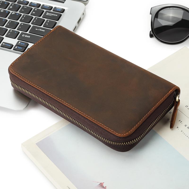 Men's Handheld Wallet Genuine Leather Lg Wallet Brand Designer Luxurious Business Phe Bag Retro Crazy Horse Leather Handbag