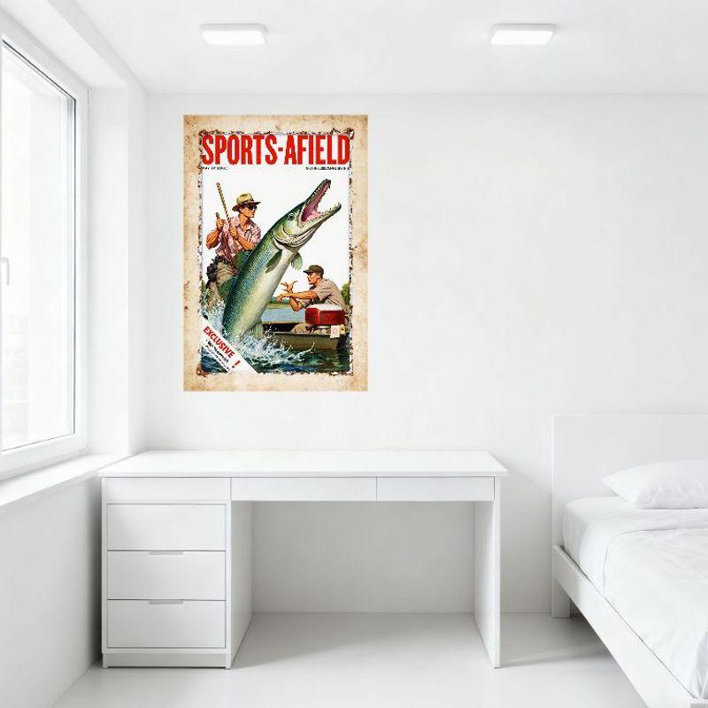 Vintage 1952 Sports-Afield Fishing Muskie Pike Tin Sign, Retro Boat Fishing Scene Metal Wall Decor for Bar Pub Home, Exclusive M
