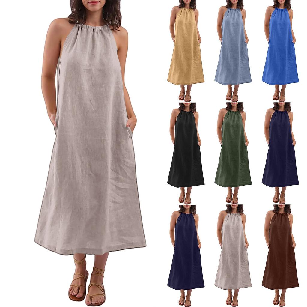 Women's Fashion Sleeveless Round Neck Straps Cotton Linen Dresses