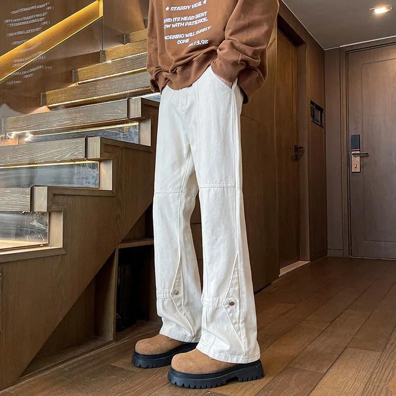 Jeans Bootcut Monocolore Vintage Americani Primavera Autunno High Street Pantaloni in Denim Abbigliamento Uomo Pantaloni con Patchwork Dettaglio Bottone