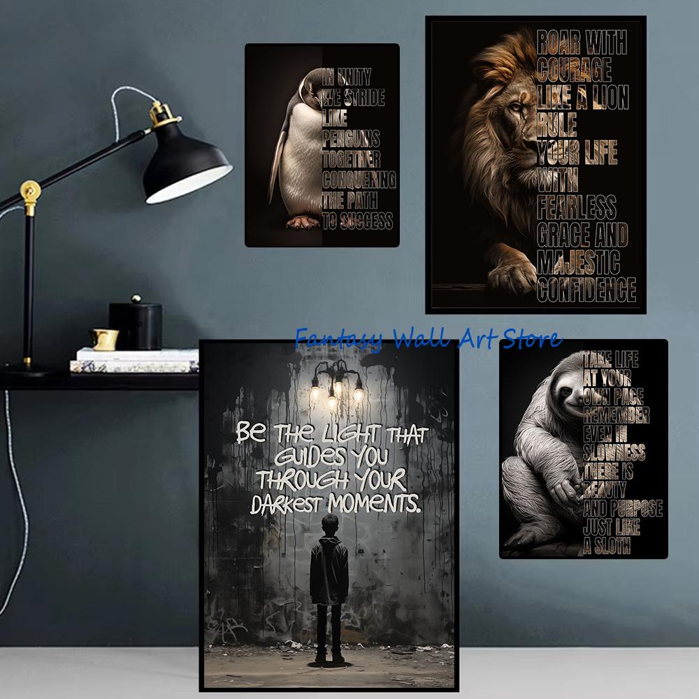 Animale Citat Motivațional Leu Tigru Panda Elefant Înțelepciune Motivație Poster Inspirat Pictură pe Pânză Imagini de Perete Decor Acasă