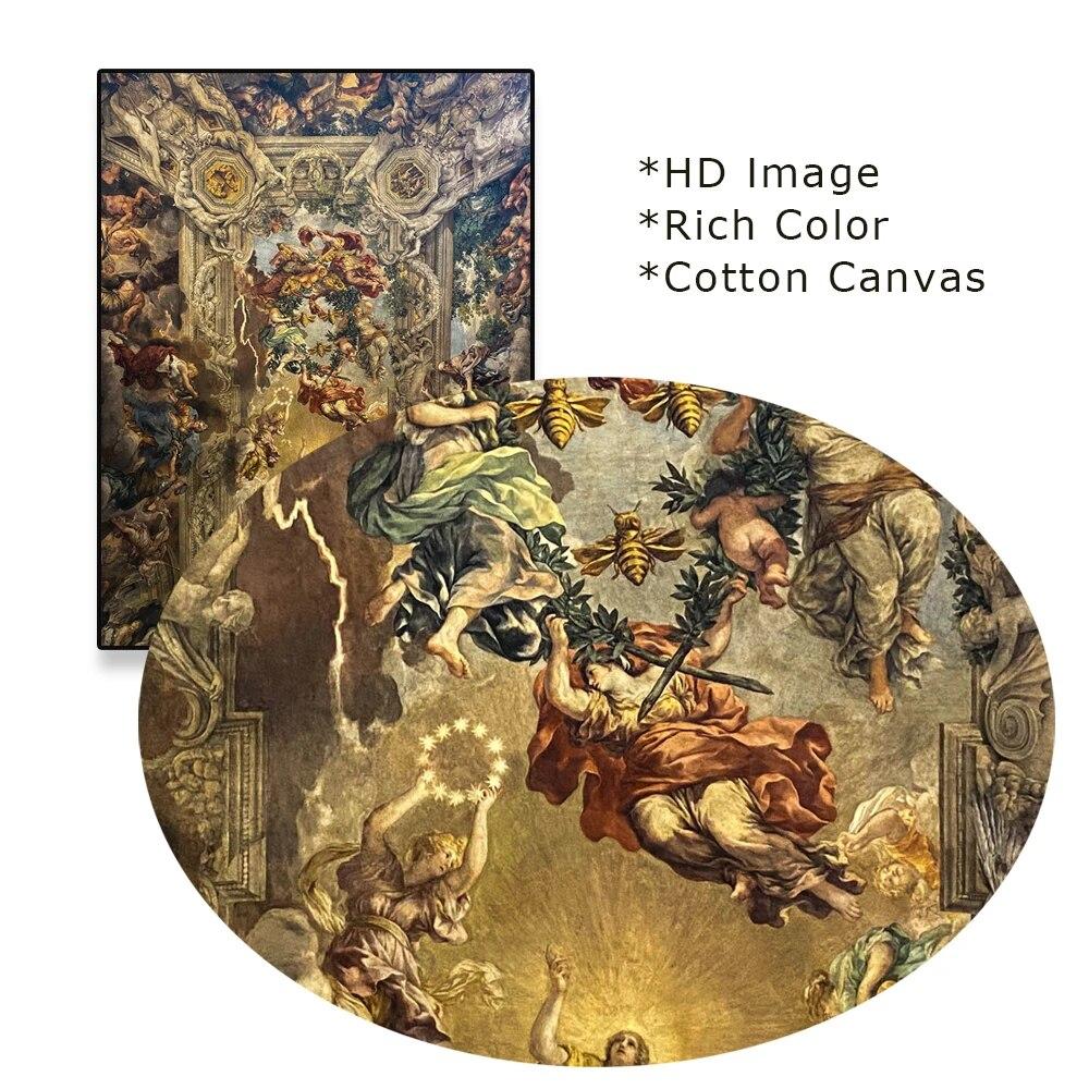 Vintage Renaissance Art Poster Gold and Blue Floral People Inside Temple Prints Canvas Painting for Home Living Room Decoration