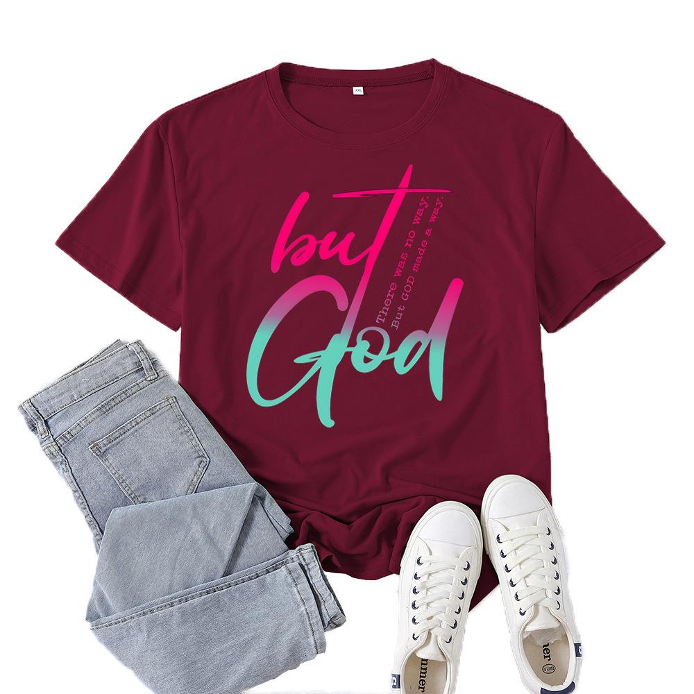 Polyester 100% New Best-selling But God Letter-printed Short-sleeved Women's Casual Spring and Summer Casual Round Neck Summer