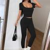 Damen Zweiteiler Sexy Kurzarm Oberteil und Yoga Hose 2-teilige Outfits