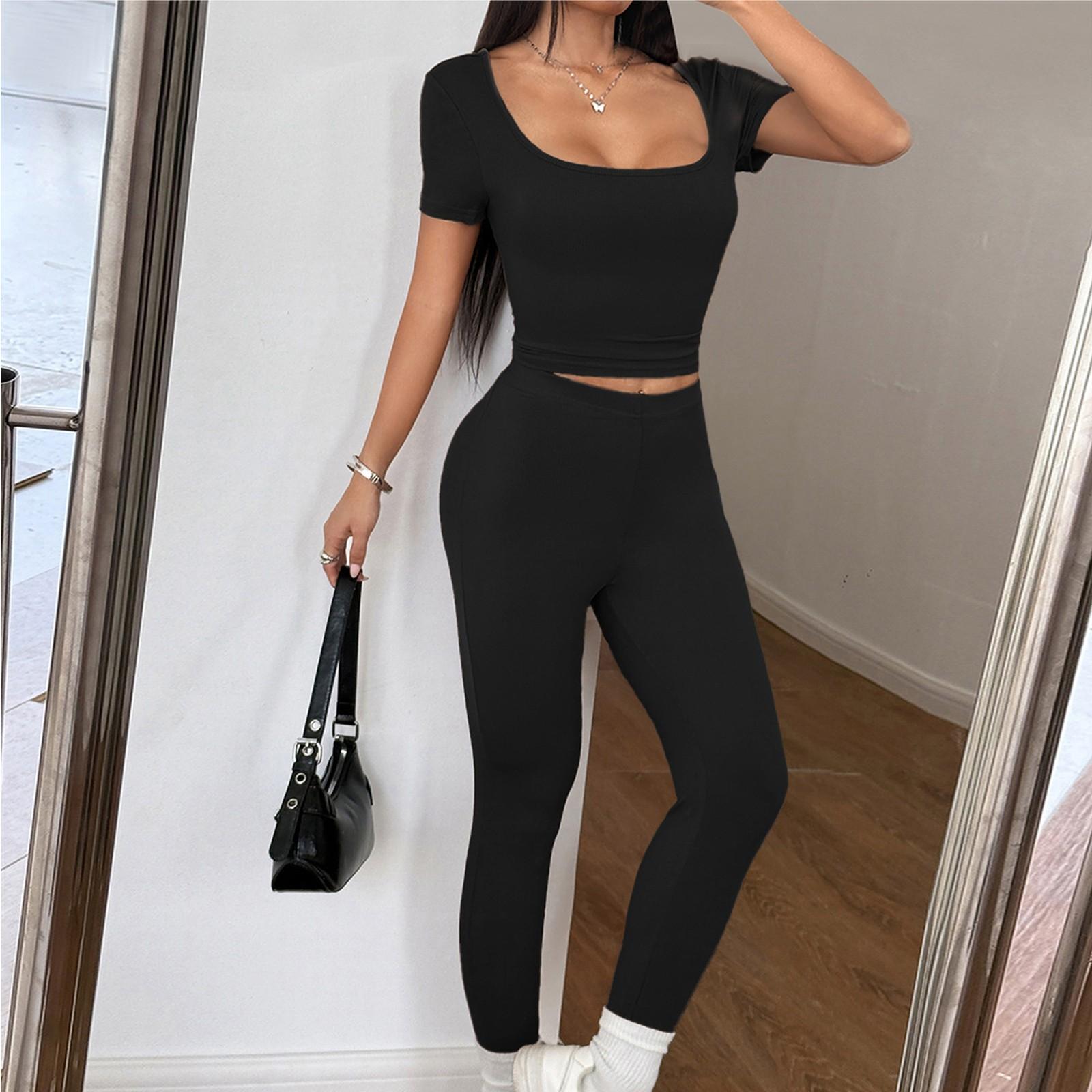 

Женский комплект из двух частей: сексуальный топ с коротким рукавом и штаны для йоги, комплект из 2 предметов S чёрный