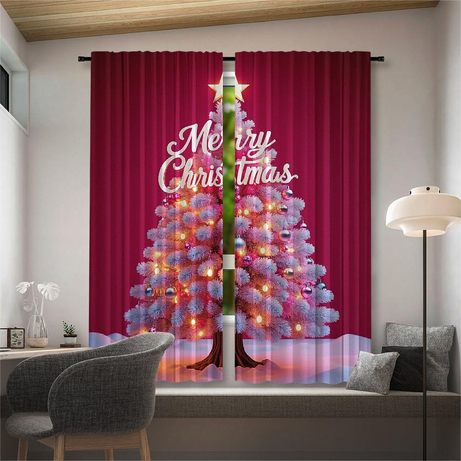Luxury Set Of 2 Christmas Santa Claus Tree Pattern Printed Curtains Decorations Home Room Curtain Polyester