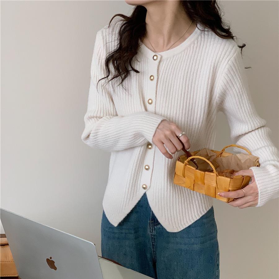 Solid Color Round Neck Irregular Hem Top Spring and Autumn Design Sense Retro Chic Knitted Sweater Women's Simple Fashion