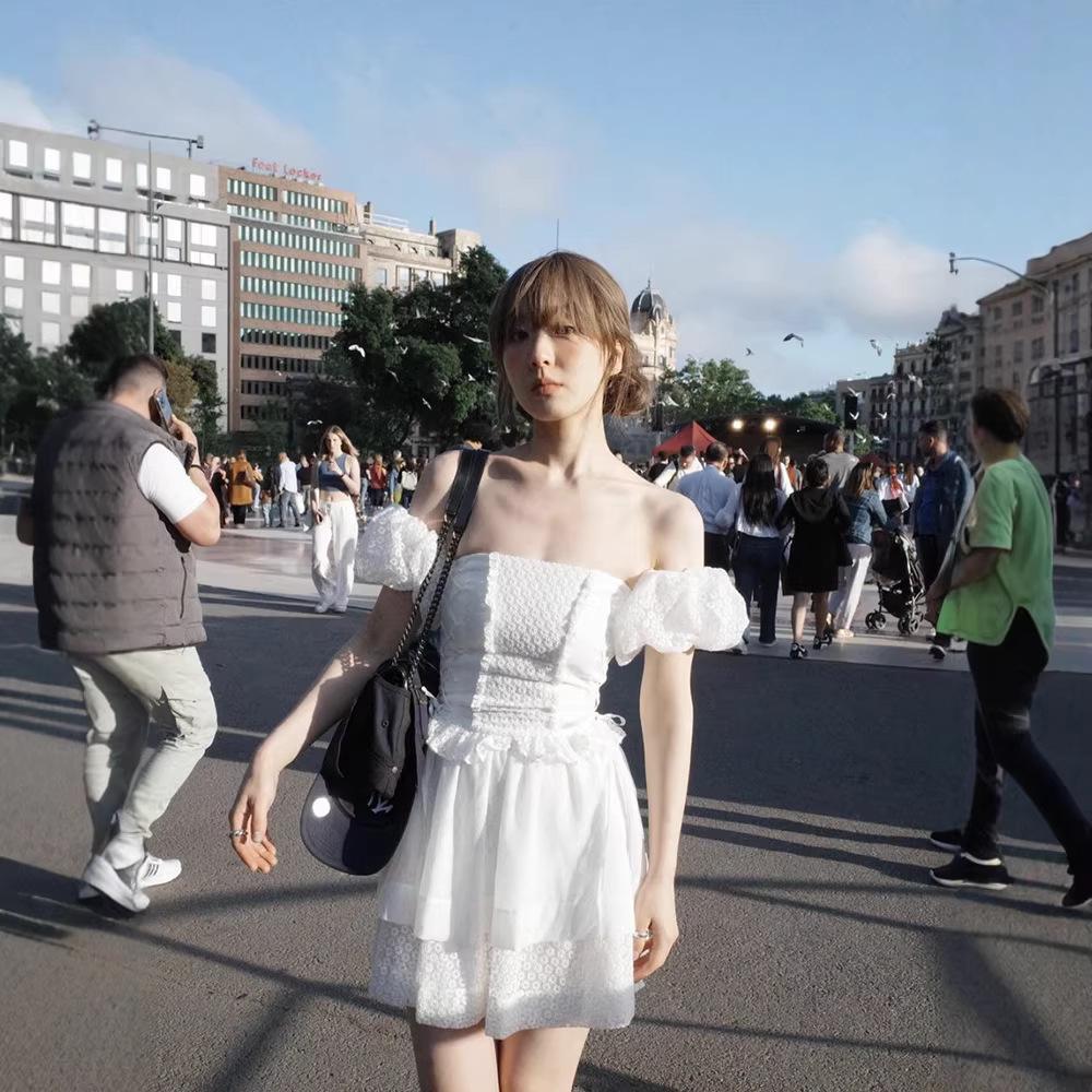 In-Stock Lace Puff Sleeve Strapless A-line Dress, Women’s Slimming Spring 2026 Waist-Cinching Skirt S