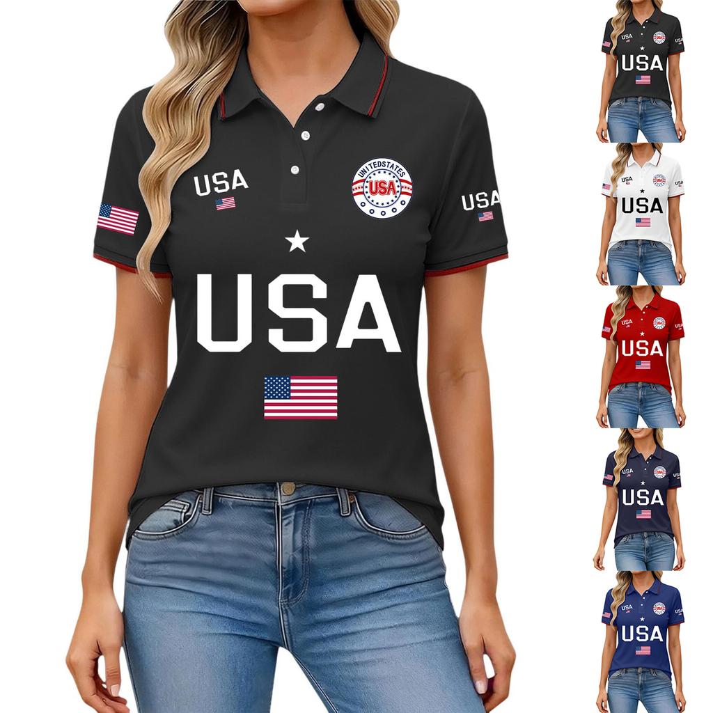 Camisa de Aniversario USA para Mujer Camiseta Patriótica con Bandera de USA Tallas Camisas de Botón Cuello Solapa Tops