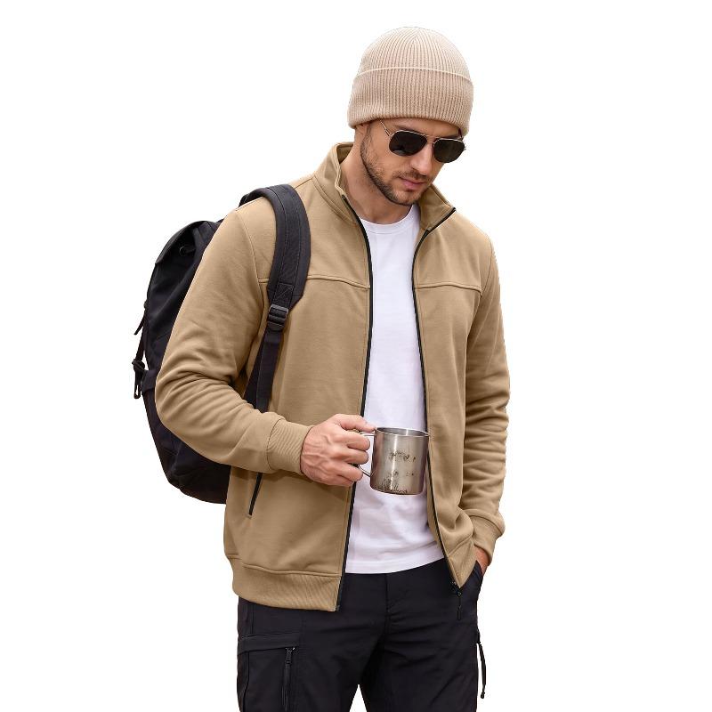 Men's Stand Collar Fleece Lined Zip Jacket Side Pockets Outdoor Casual Top.