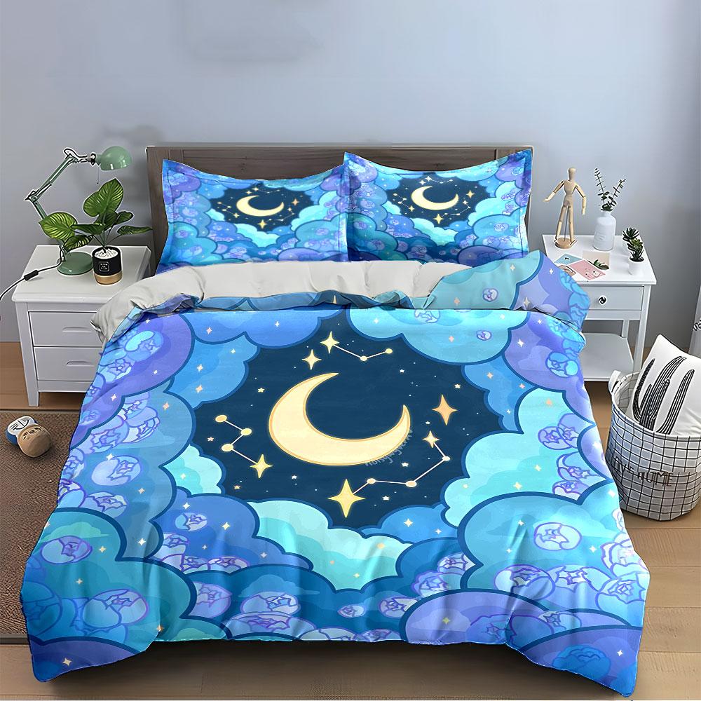 Moon and Stars in Blue Sky Bedding Duvet Cover Set Duvet Cover Pillowcases (1*Duvet Cover 2*Pillowcases, without duvet insert)