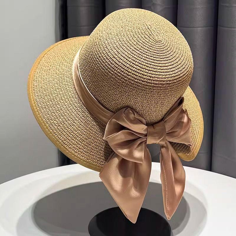 Breathable Straw Hat Hat Women's Summer Bow Visor Sun Hat Summer Travel Beach Straw Hat Versatile Sunscreen Bucket Hat
