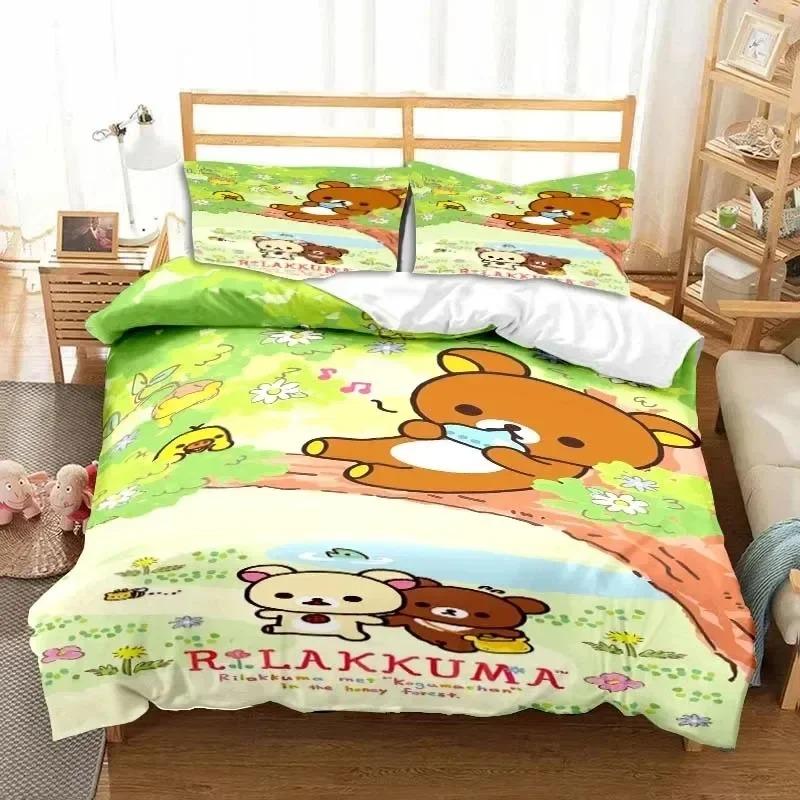 Cartoon Rilakkuma Bear Bedding Set Duvet Cover Bed Set Quilt Cover Pillowcase Comforter King Queen Size Boys Adult Bedding Set