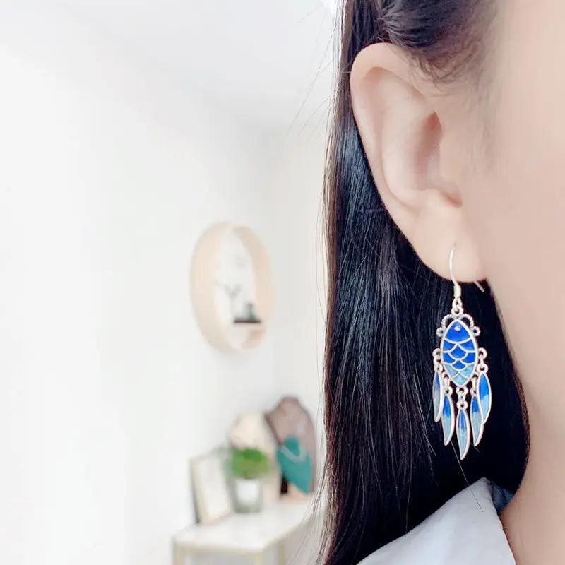 National Style   Tassel Fish Blue-green Earrings for Women Long Style Vintage Exaggerated Enamel Koi Earings Jewelry
