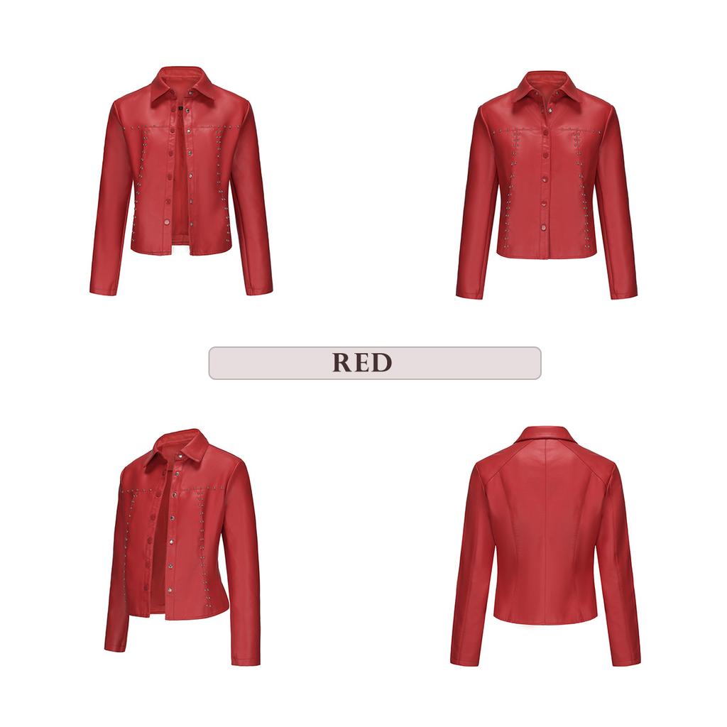 BITCED Women's Spring/Autumn Studded Leather Jacket Cardigan Button-Up Leather Clothing Fashionable Lightweight Outerwear