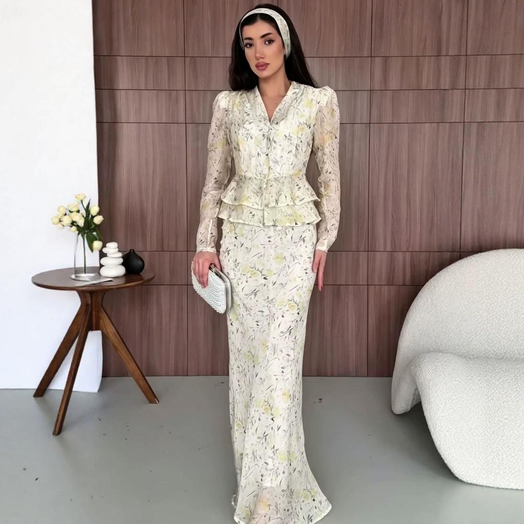 Cross-border European Beautiful Woman Floral V-neck Lace-up Waist Ruffle Edge Long-sleeved Top A Word Casual Skirt Set