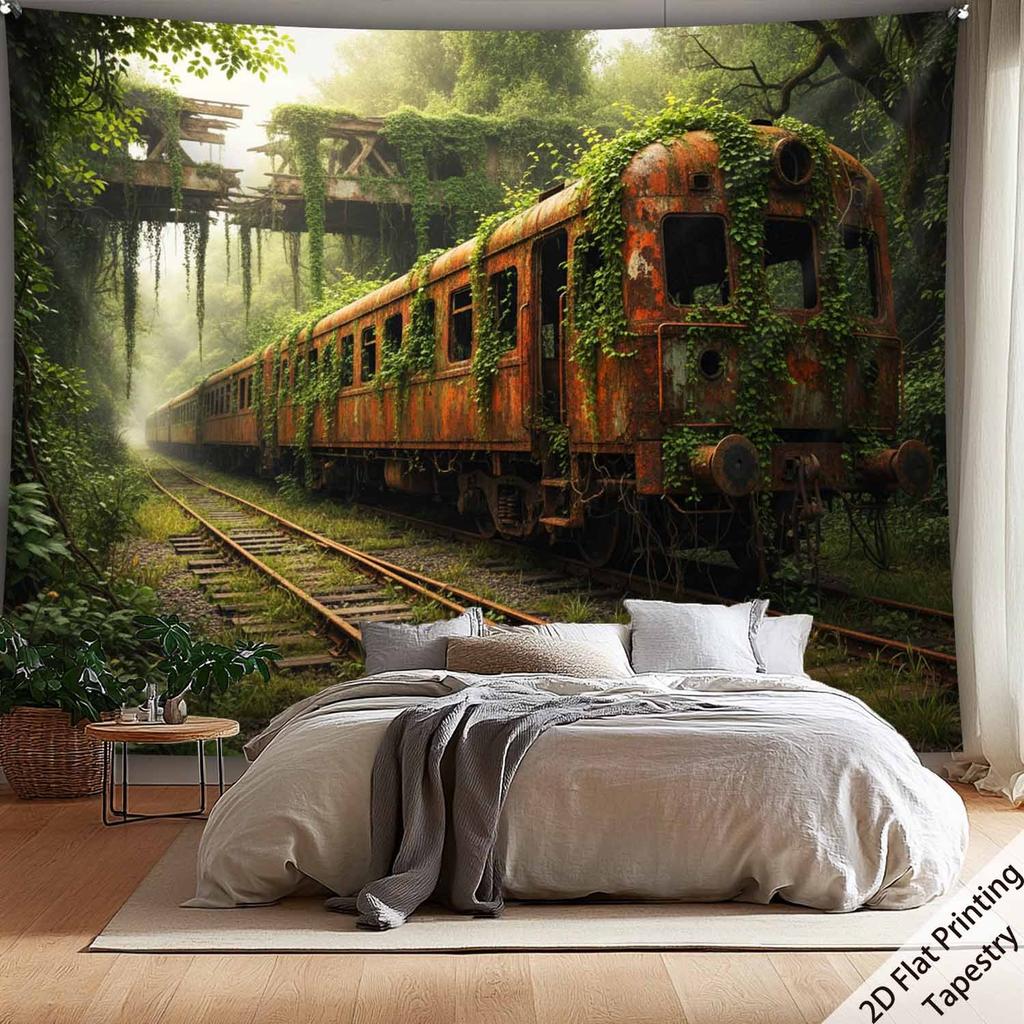 Abandoned Rusty Train Jungle Tapestry Overgrown Railway Nature Landscape Wall Hanging Boho Decor Living Room Art Print
