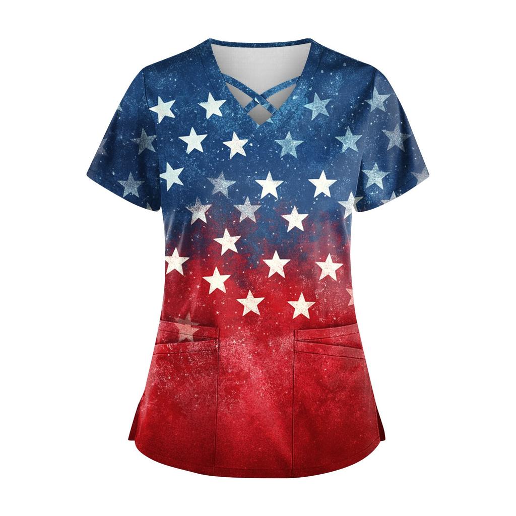 Women's Short Sleeve Stagger V Neck  Print Pocket Dry-nurse Top