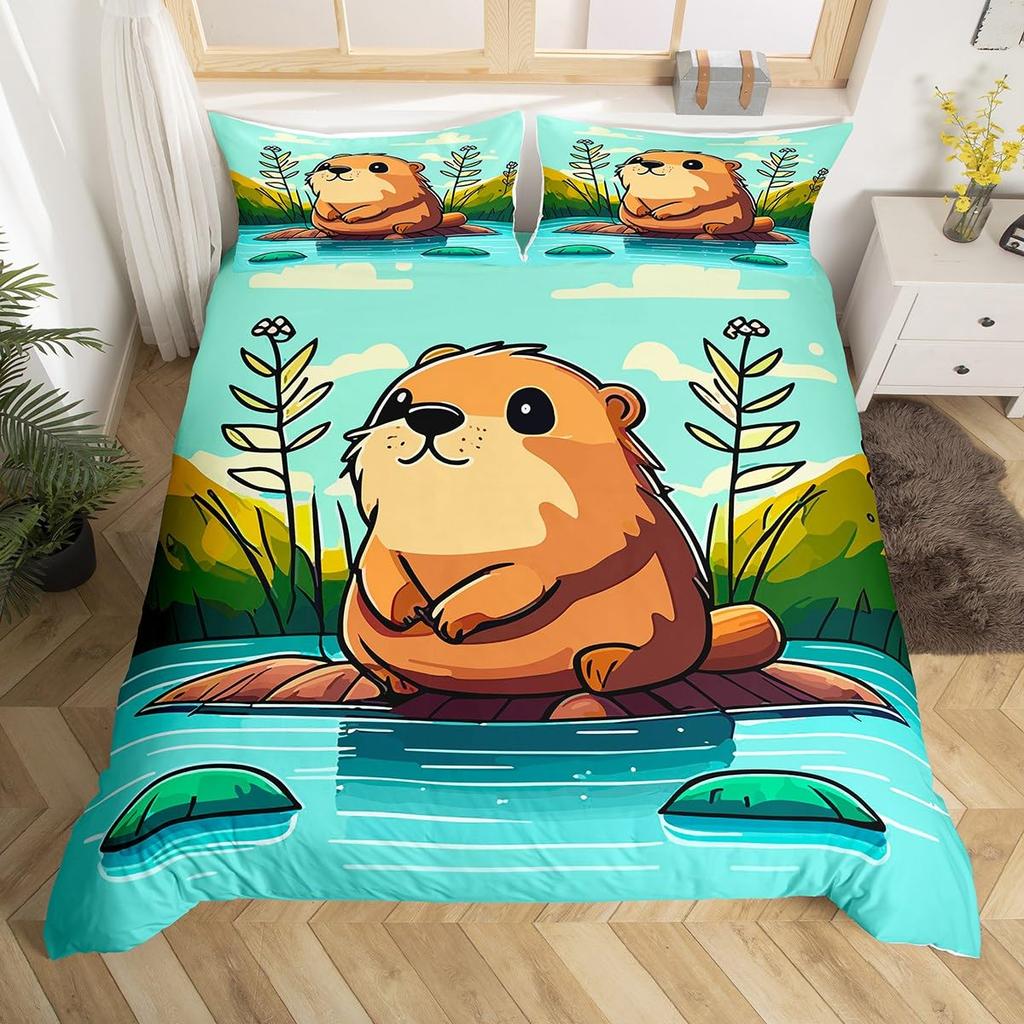 Cute Capybara Print Bedding Sets Full Kawaii Honey Bee Comforter Cover,Cartoon Animals Bed Set Red Love Heart Print Duvet Cover