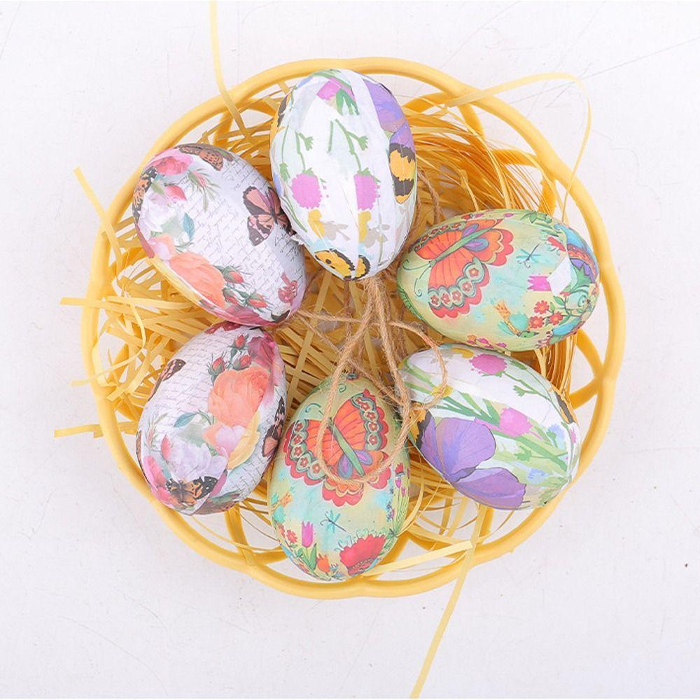 6pcs Foam Painted Easter Eggs Pendant with Basket Butterfly Egg Hanging Ornament  Home Decoration