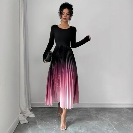 Women's Pleated Gradient Midi Dress Long Sleeve Swing A-line Dress Slim Fit Crew Neck Flowy Cocktail Dress