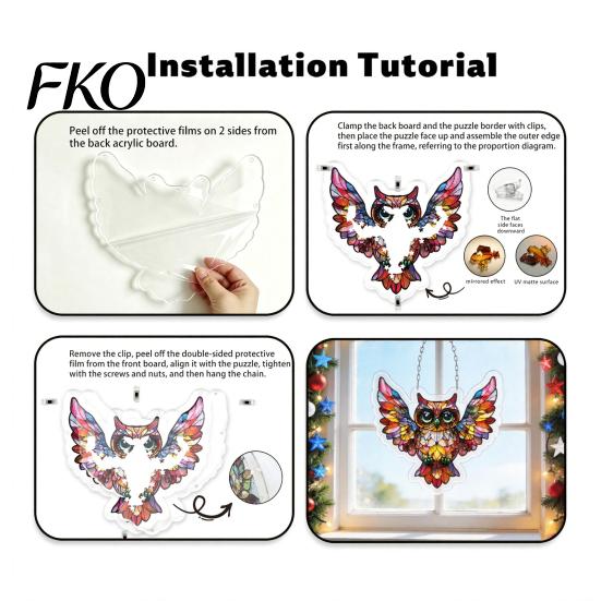 Colorful Home Decor Acrylic Owl Puzzle, Rainbow Reflection Hanging Pendant, No-Glue Window DIY Assembly Sun Collector, for Garden Patio Indoor Puzzle