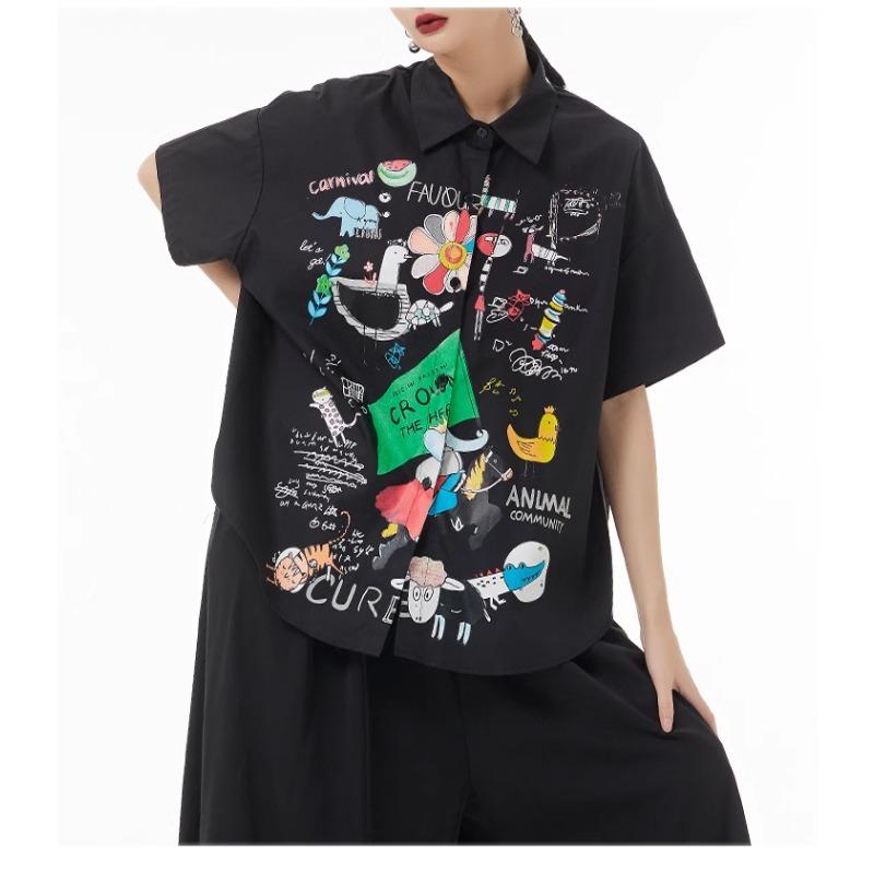 DIMANAF 2024 Plus velikost Nová halenka v letním stylu Vintage Retro design Krátký rukáv Barevný potisk Ležérní košile Ženy Volná košile s potiskem