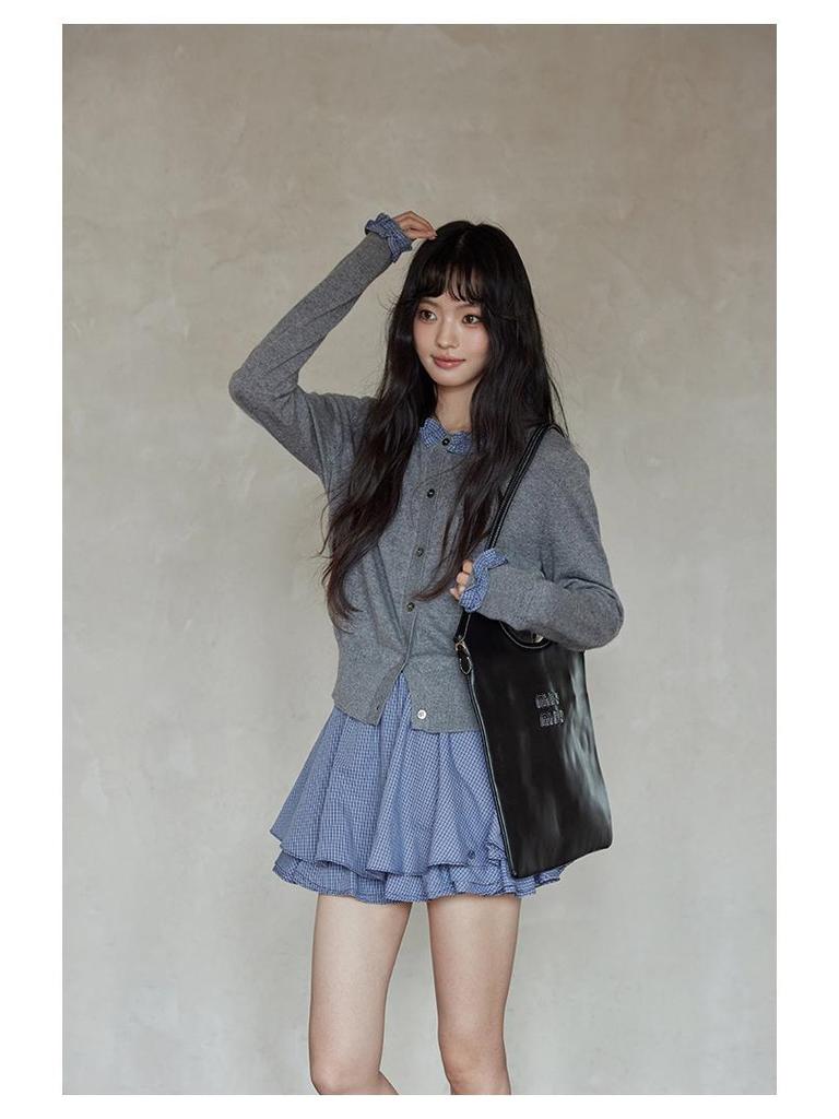 Yimeng 2025 Korean Style Patchwork Long Sleeve Knitted Cardigan for Women
