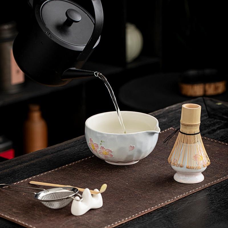Traditionelles Bambus Keramik Japanisches Matcha Tee Set Keramikschale Bambus Matcha Besen und Teelöffel Teezubereitungswerkzeuge Zubehör