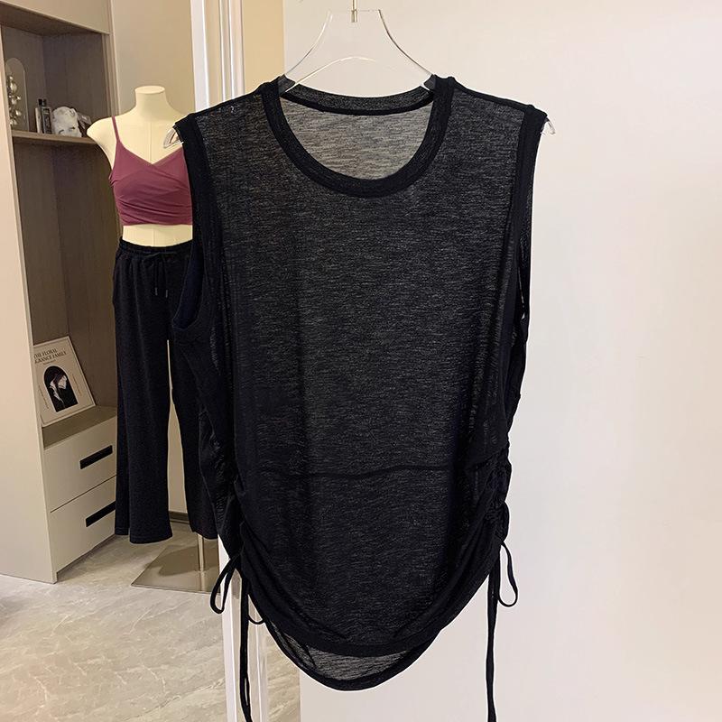 

Женская летняя тонкая спортивная майка без рукавов с короткими рукавами, свободная, скрывающая недостатки фигуры, для бега, тренировок, блузка, быстросохнущий топ для фитнеса и йоги 2XL чёрный