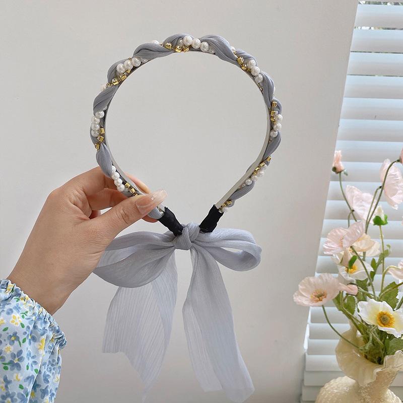Elegant Pearl Hair Bands For Woman Fashion Long Ribbon Bow Girls Head Bands Pearl Braid Headbands Women Accessories Scrunchie светло-серый