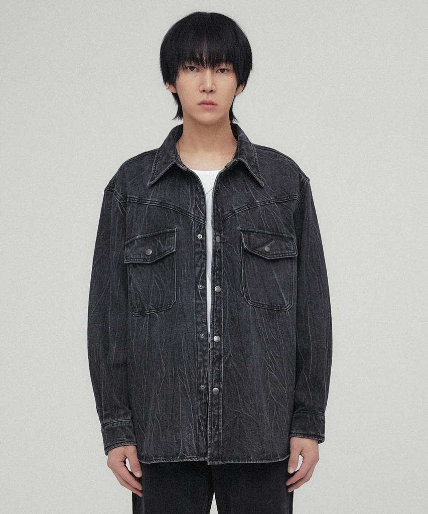 Minav Cracked Wash Denim Shirt Jacket [Dusty Black]
