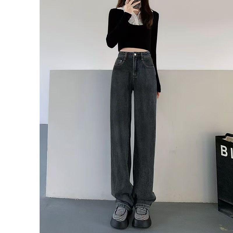 Women's High Waist Velvet-Lined Wide Leg Jeans - Black & Gray, Warm and Slimming, Floor-Length, Casual Straight Fit for Autumn/Winter