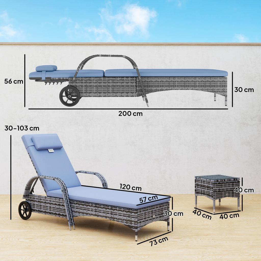 2 Seater Rattan Sun Lounger Set With Side Table Grey