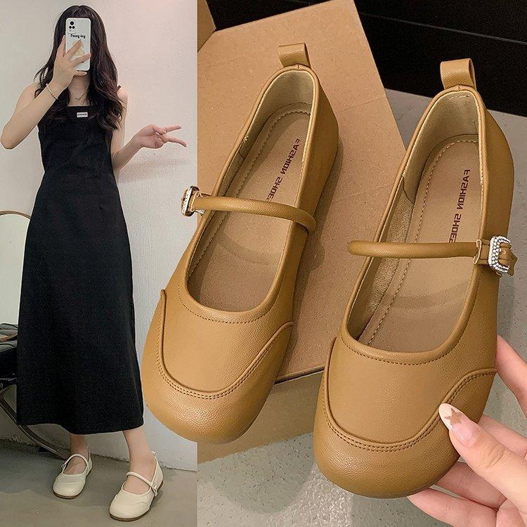 Round Head Flat Bottom One Word Buckle Mary Jane Single Shoes Female Fall Rhinestone Soft Bottom Shallow Mouth Shoes