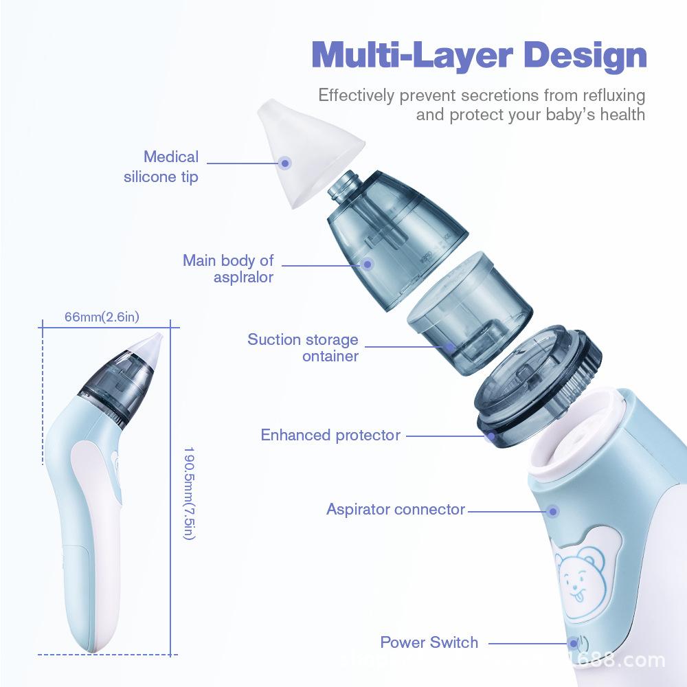 Dětská elektrická nosní odsávačka Nosní odsávačka s potravinářským silikonovým náustkem 3 režimy sání a uklidňující hudba