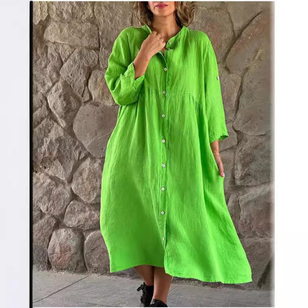 Summer Women's Casual Loose Linen Cotton Sleeveless Button Down Collar Long Maxi Dress, European American Style Ladies Fashion Dress