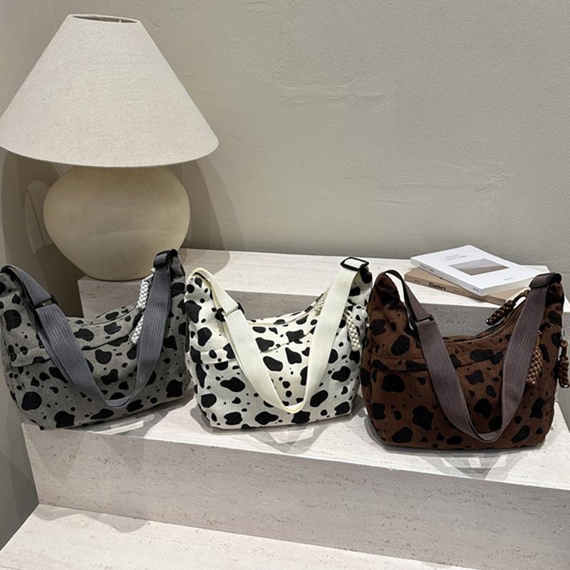 Cow Print Corduroy Crossbody Bag Korean Fashi Large Capacity Shoulder Bag Casual Commute Zipper Canvas Tote Handbag