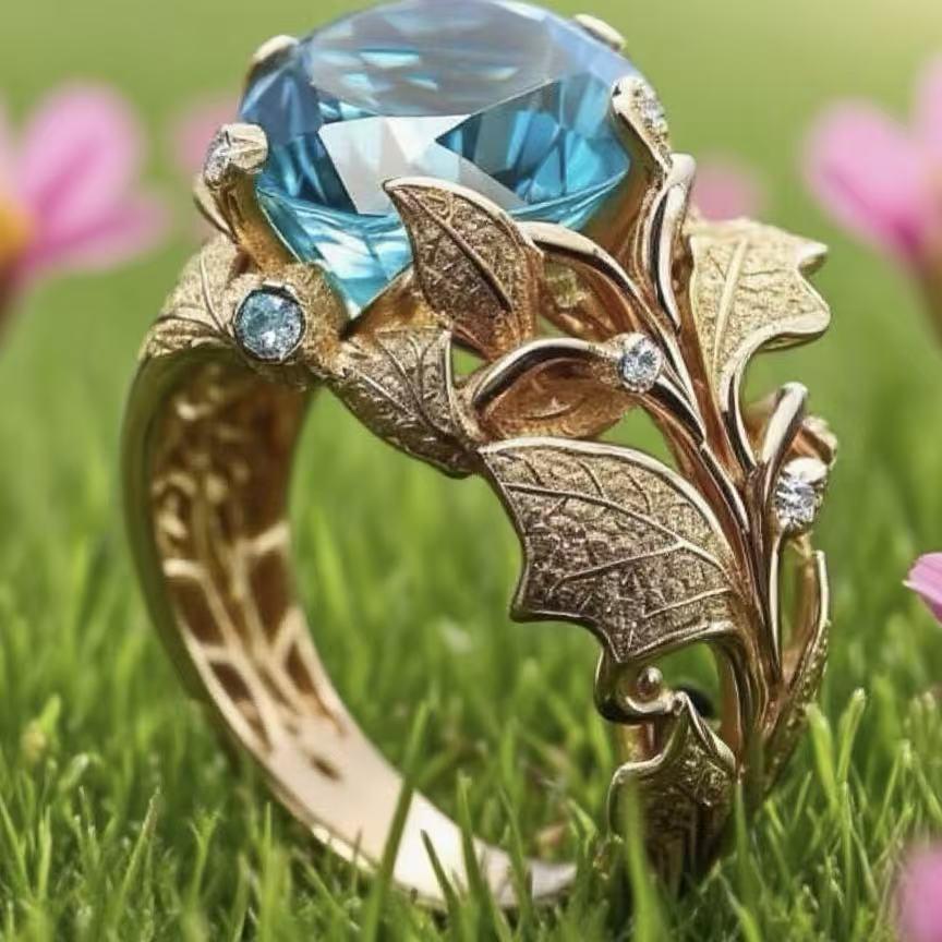 2025 Gold-Plated Ring with Lake Blue Stone - Women's Cross-Border Alloy Jewelry