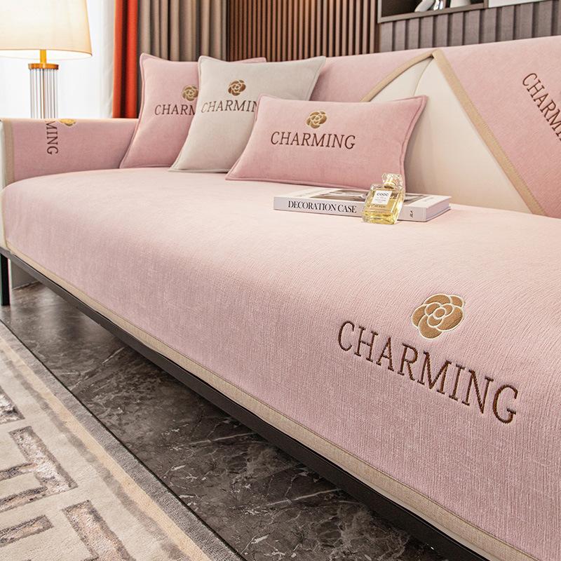 Rose Embroidery Sofa Cover Luxury Chenille Corner Sofa Towel Anti-slip Cat Scratch Protection Pad Couch Cushions Living Room