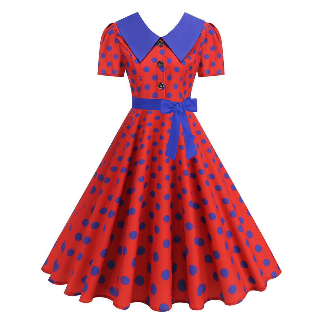 Damen Casual Polka Dot Print Kurzarm Midi Kleid mit Kragen - Leicht für den Sommer