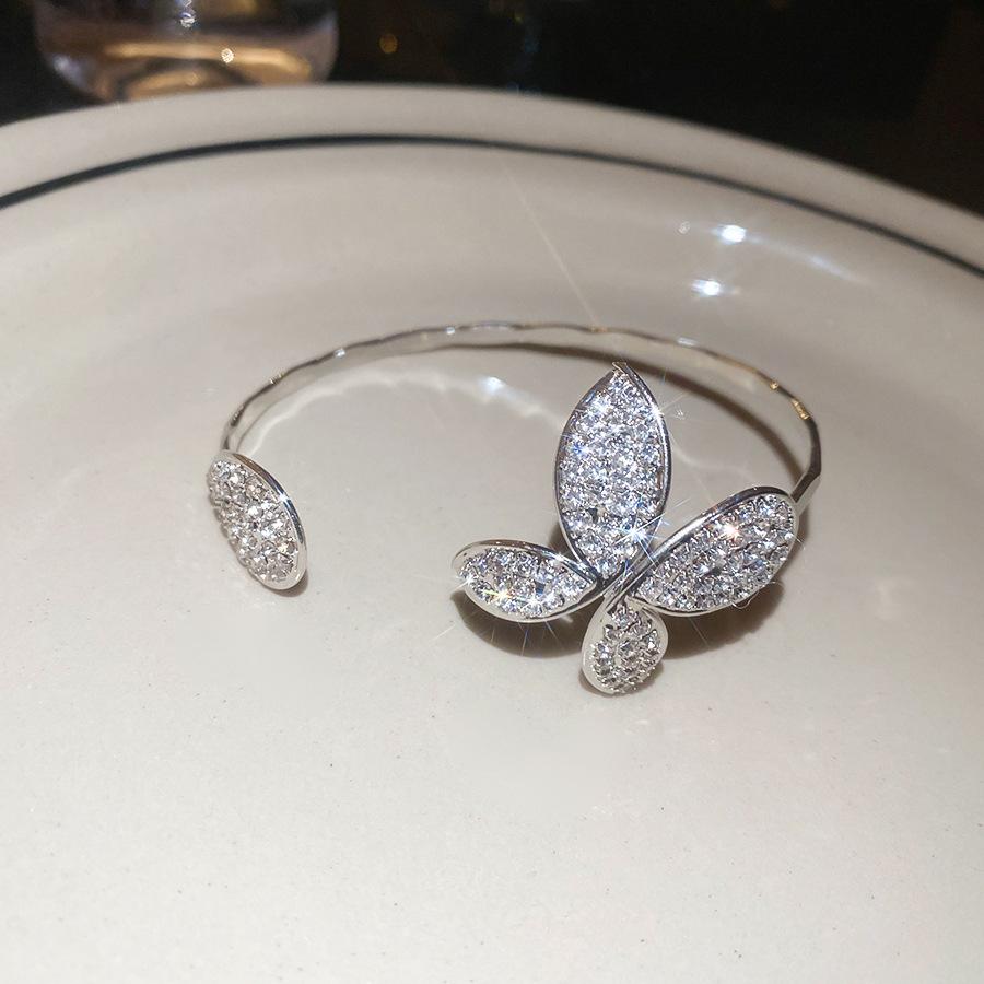 

New Chic Silver Plated Copper Open Cuff Bangles For Women Shiny Full Rhinestone Flower Butterfly Adjustable Bracelet Jewelry