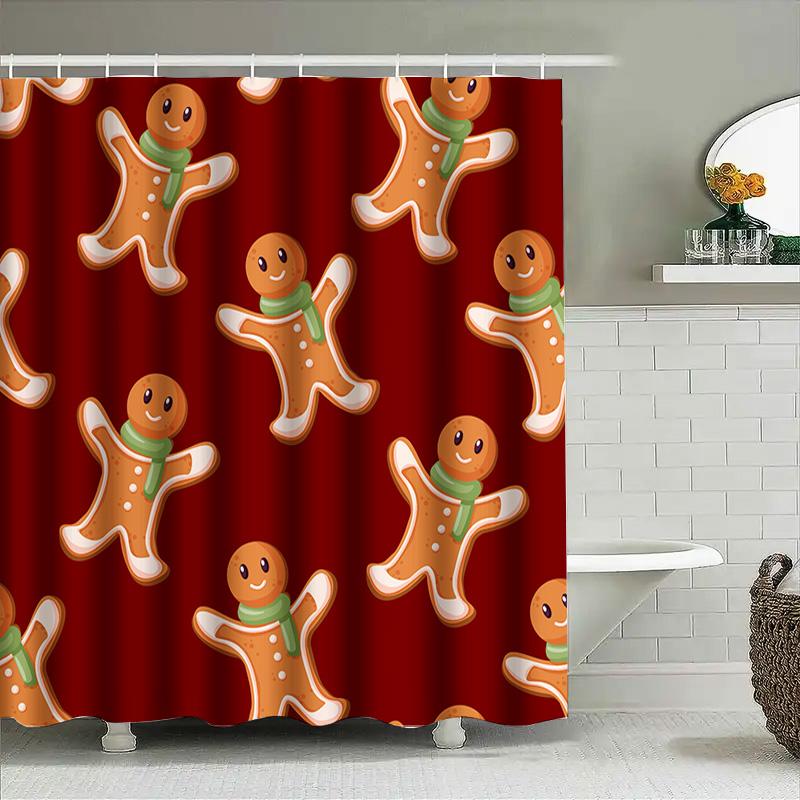 Christmas-Themed Shower Curtain With Gingerbread Man Pattern Holiday Bathroom Decor Red Fabric Shower Curtain For Home Decoratio