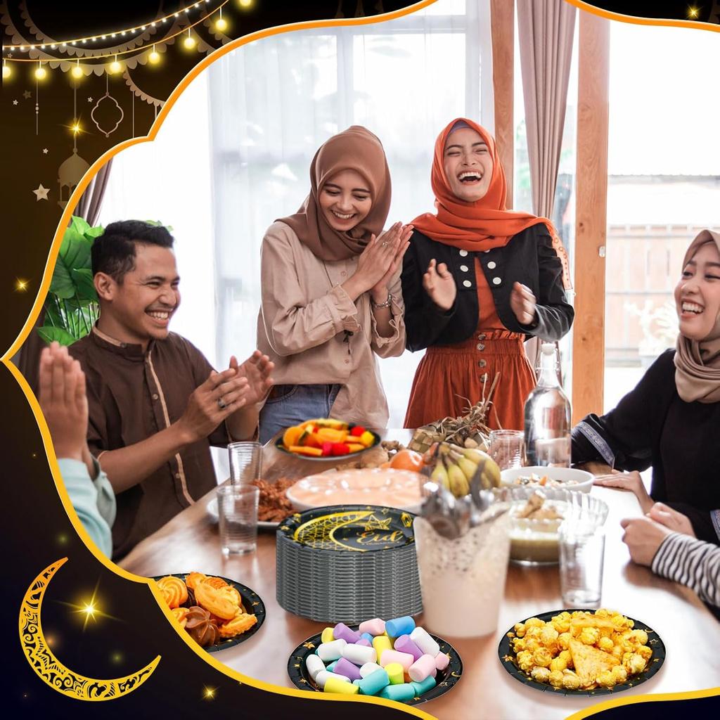 Ramadan Mubarak Black Gold Moon Eid Mubarak Themed Party Supplies Set Disposable Plates for Elegant Celebration
