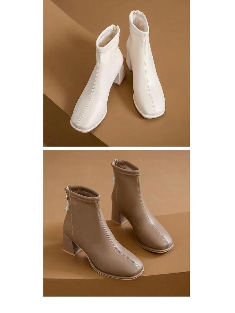 Women's French Soft Leather Ankle Boots, Velvet-Lined, Chunky Heel, Slim Fit, 2025 Autumn/Winter Collection